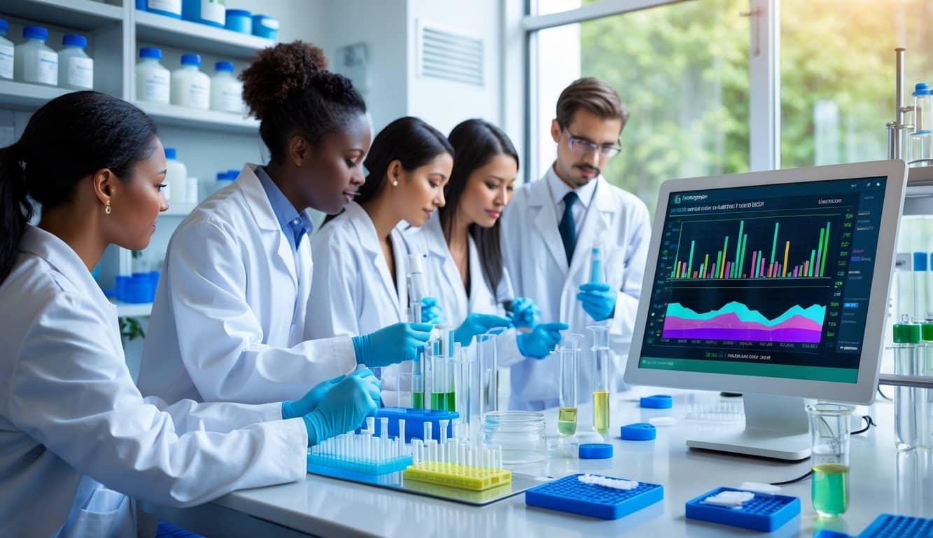 Scientists in a bright laboratory analyzing environmental toxin samples with advanced equipment and discussing results.