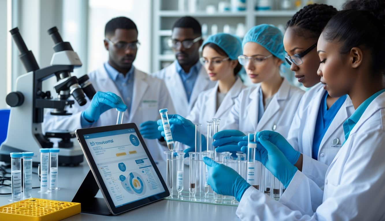 Healthcare professionals in a modern lab analyzing environmental toxin samples with advanced equipment.