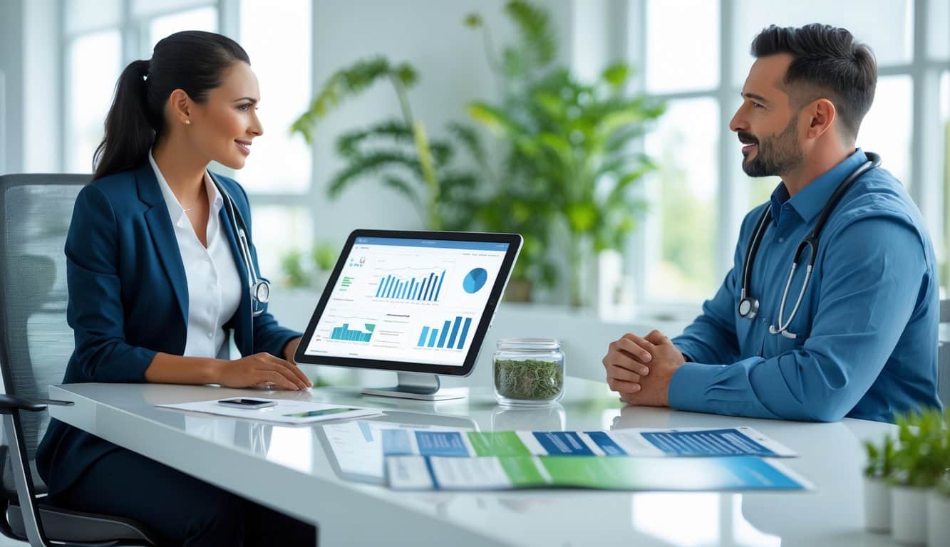 A healthcare professional consulting with a patient in a bright office, reviewing wellness data on a tablet with natural plants in the background.