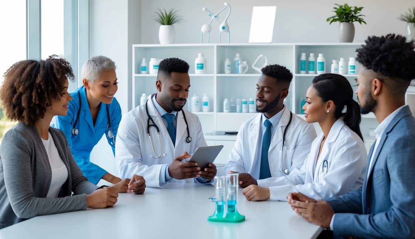 A healthcare professional discussing test results with a patient in a bright medical office, surrounded by wellness products and scientific models.