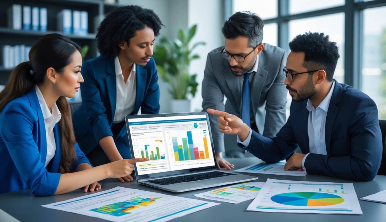 Three professionals discussing environmental test results around a table with reports and a laptop in a bright office.