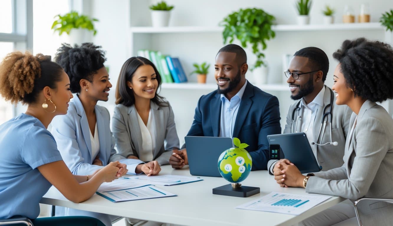 A healthcare professional discussing wellness testing with a group of people in a bright office with medical documents and a model representing environmental toxins on the desk.