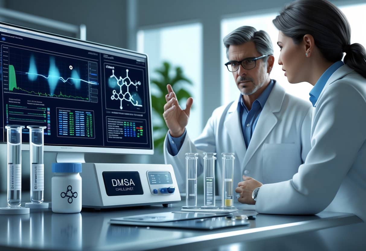 A doctor consulting with a patient in a medical lab filled with scientific equipment and test tubes used for a chelation challenge test.