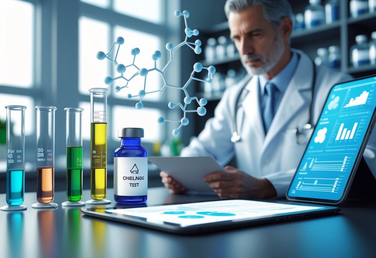 A doctor in a lab coat reviews medical data near test tubes and scientific equipment on a laboratory bench.