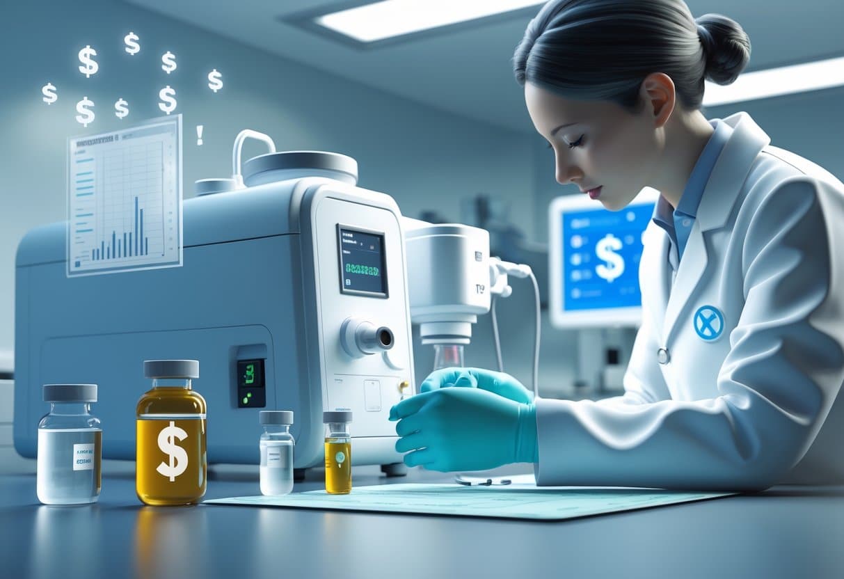 A healthcare professional in a lab coat prepares a sample in a clinical laboratory with medical testing equipment around.
