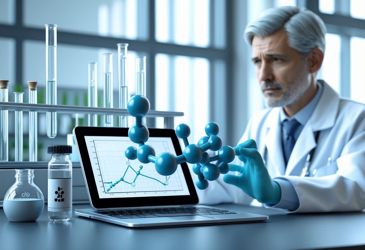 A doctor in a lab coat reviews medical data on a tablet in a laboratory with test tubes and molecular models representing chelation testing.