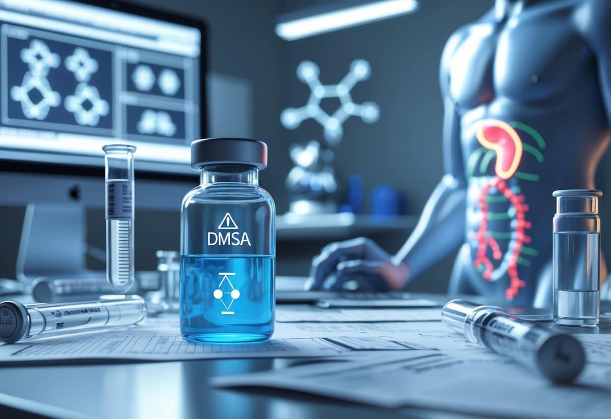 A 3D scene showing a medical vial with blue liquid, a human figure highlighting veins and kidneys, and medical equipment in a clinical setting symbolizing risks of chelation testing.