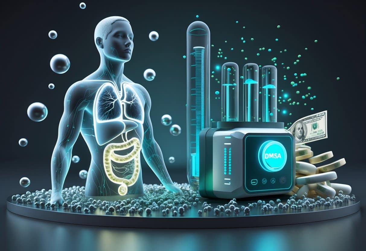 A 3D rendered scene showing a semi-transparent human figure surrounded by glowing metal particles and a futuristic medical device, with natural detox elements on one side and dissolving money on the other.