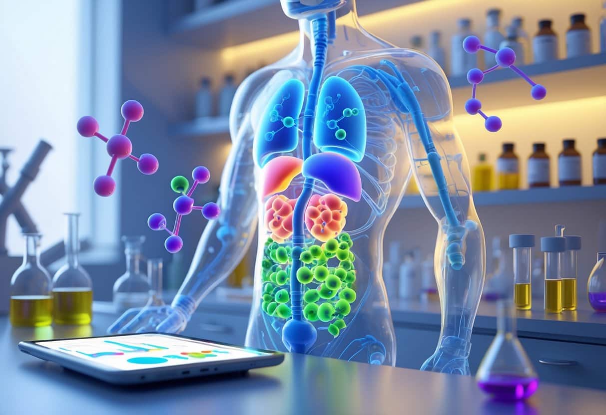 A transparent human torso highlighting the liver and kidneys surrounded by floating molecular models of supplements and a futuristic medical device displaying data in a clean laboratory setting.