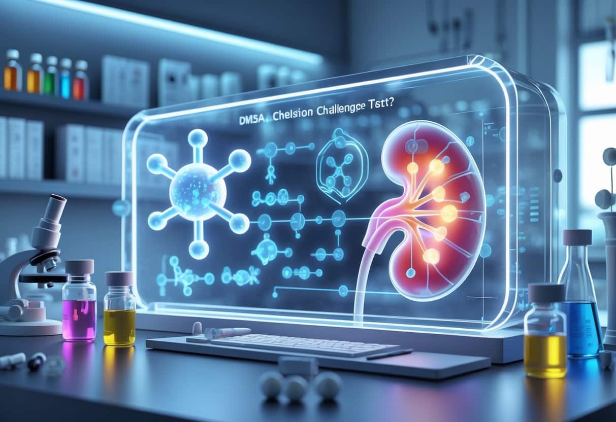 A 3D rendered scene of a medical lab with a digital display showing molecular structures and a detailed human kidney model surrounded by lab equipment.