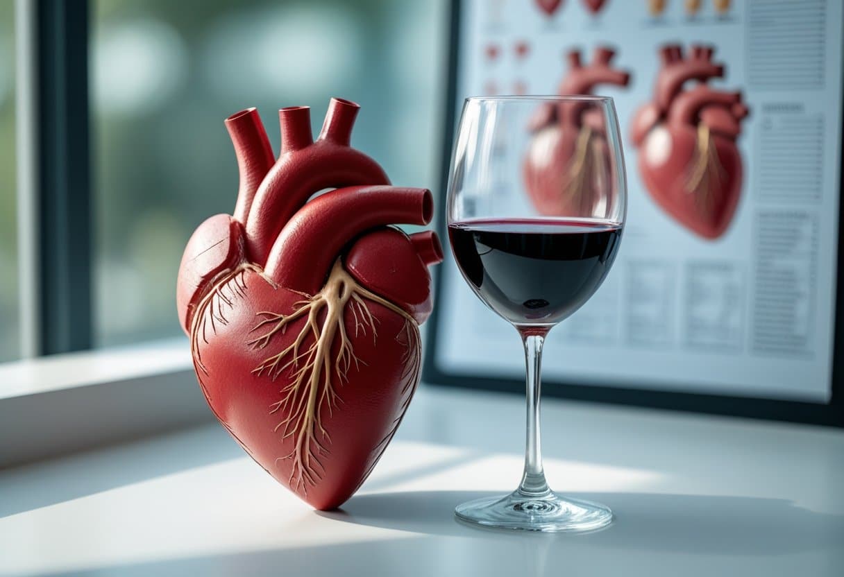 A close-up of a human heart model next to a glass of red wine on a white surface with a blurred medical chart in the background.