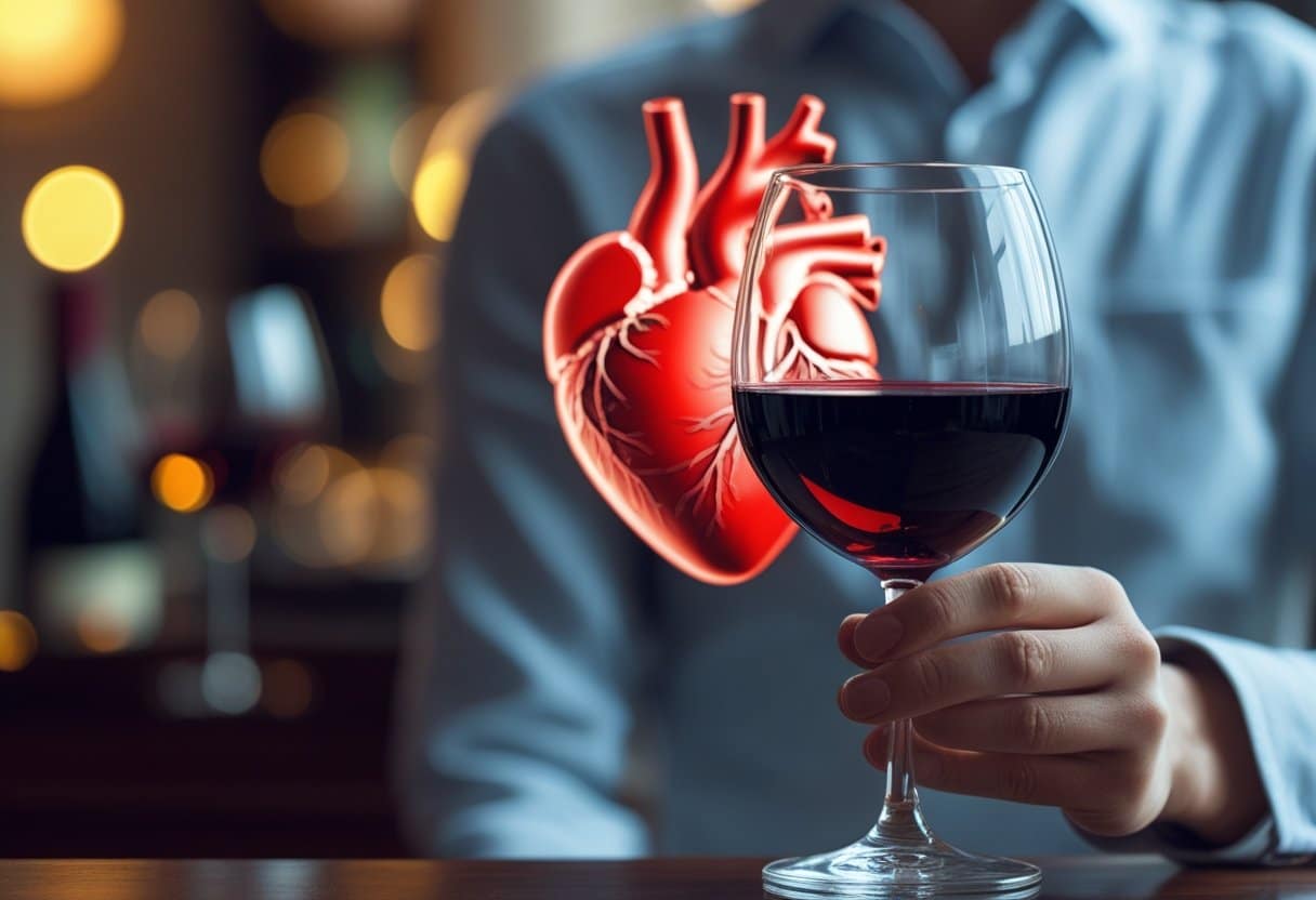 A close-up of a glass of red wine with a faint glowing illustration of a human heart in the background.