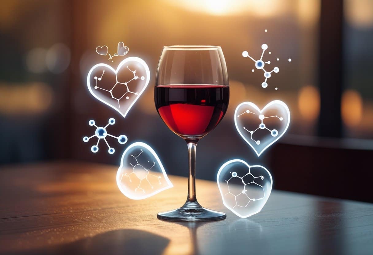 A glass of red wine on a wooden table with subtle heart and molecular illustrations around it.