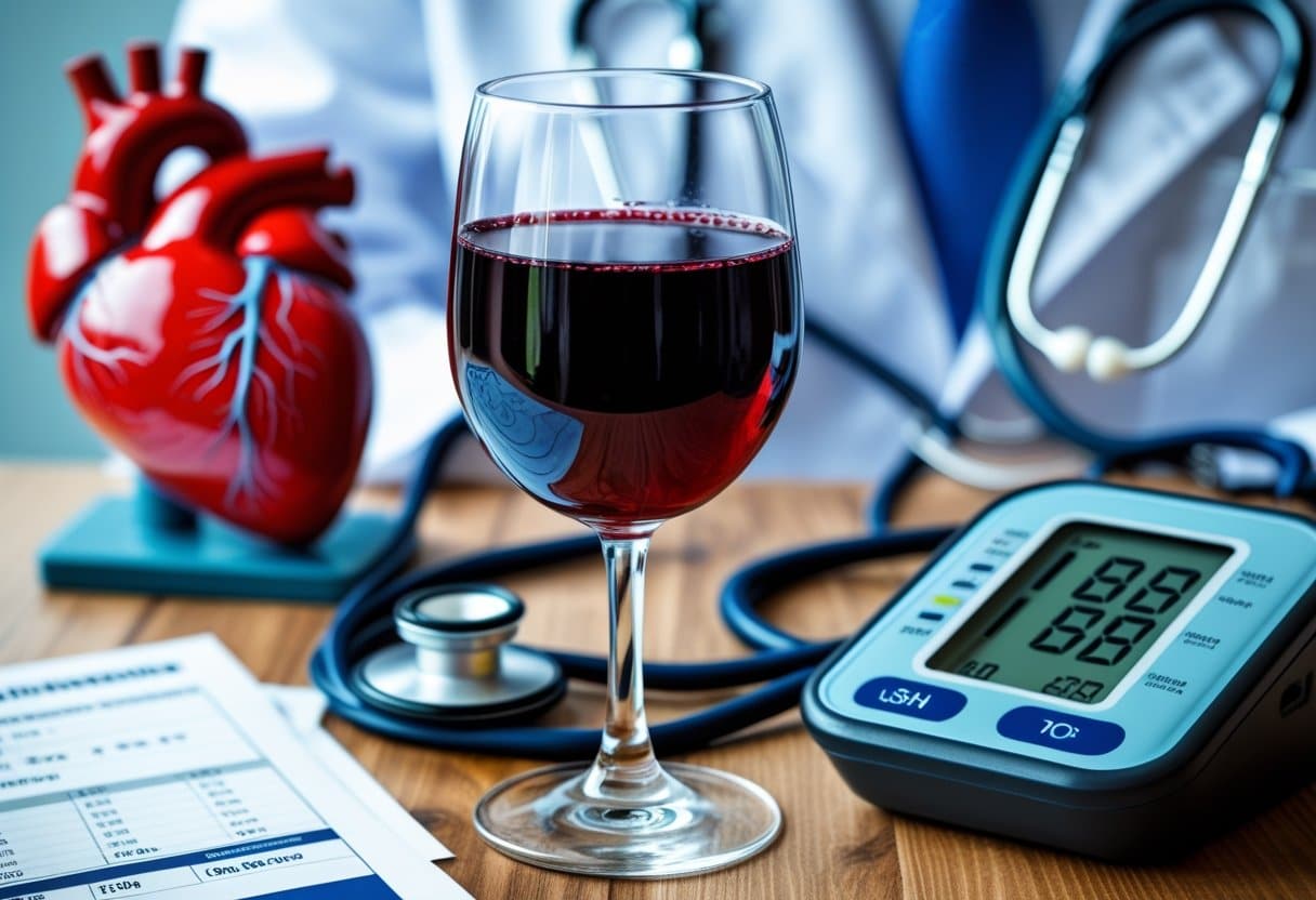 A glass of red wine on a table next to a stethoscope, blood pressure monitor, and a heart model.