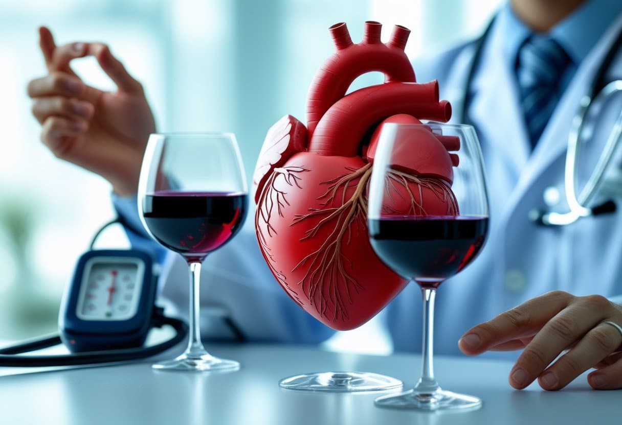 A close-up of a human heart model next to a glass of red wine with medical tools in the background.