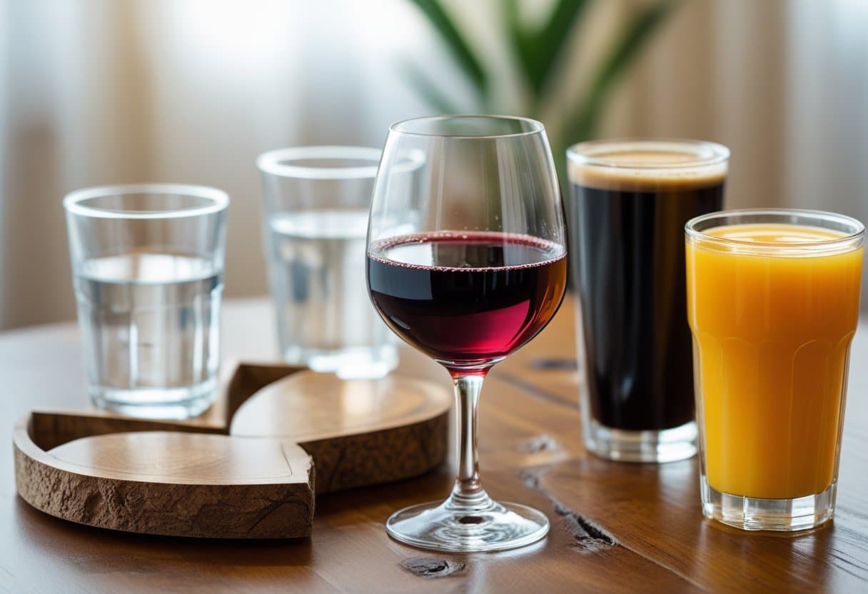 A glass of red wine surrounded by a glass of water, a cup of coffee, and a glass of orange juice on a wooden table with a heart-shaped object nearby.