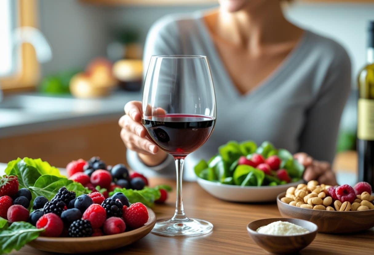 A glass of red wine on a table surrounded by fresh fruits, nuts, and leafy greens with a person holding the glass in the background.