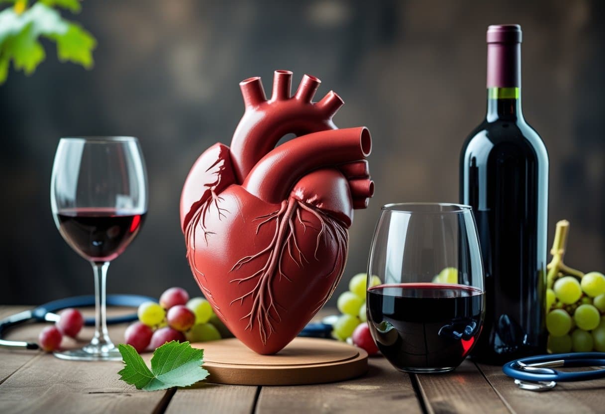 Close-up of a human heart model on a table next to a glass and bottle of red wine with grapes and a stethoscope nearby.