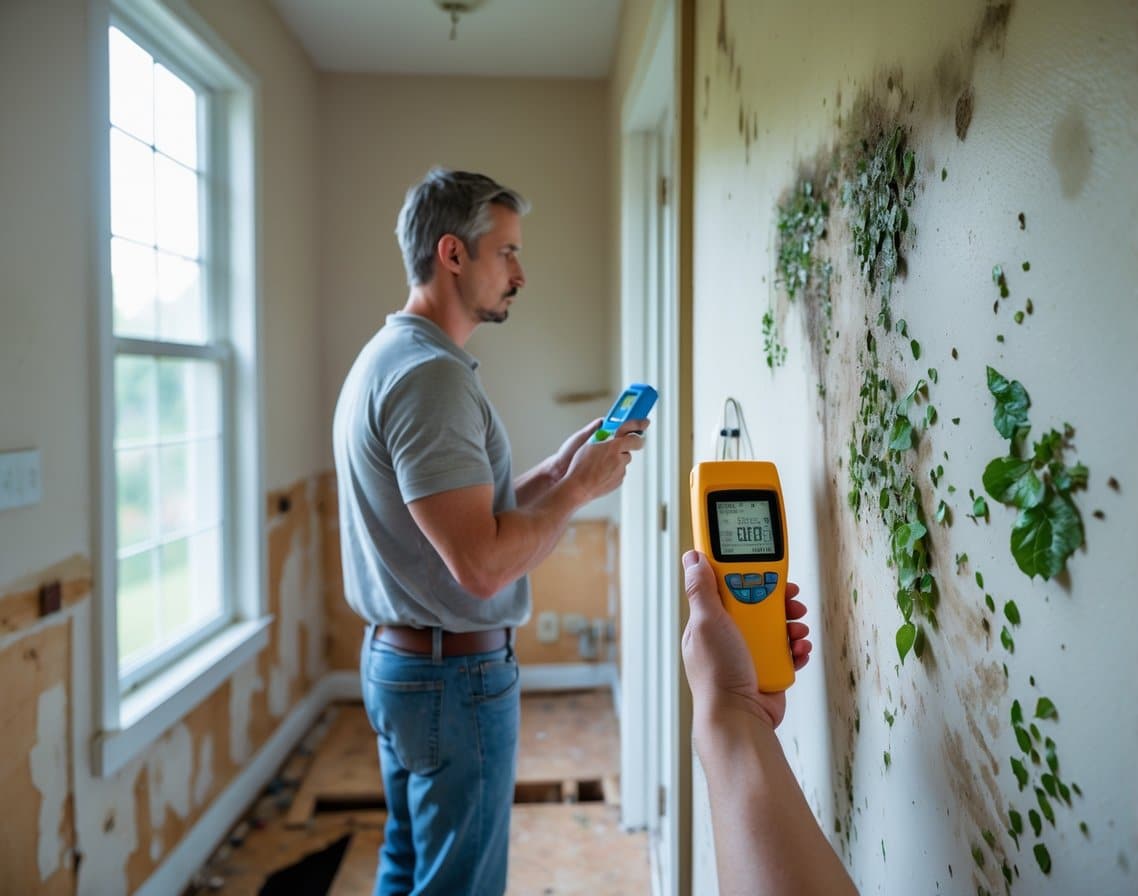 A homeowner inspecting water-damaged wall with visible mold growth inside a residential room.