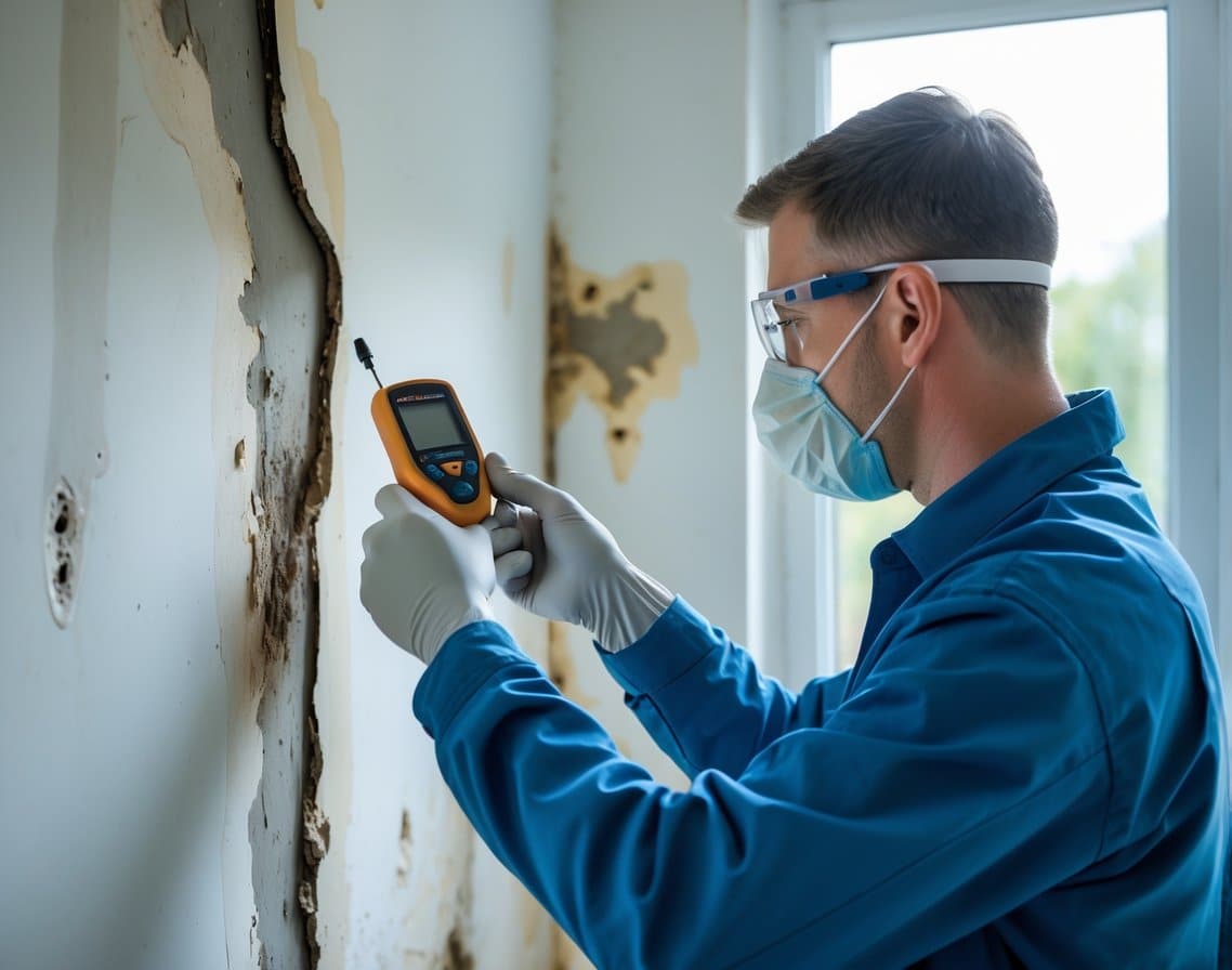 A homeowner and a mold inspector examining a water-damaged wall with visible mold growth inside a home.