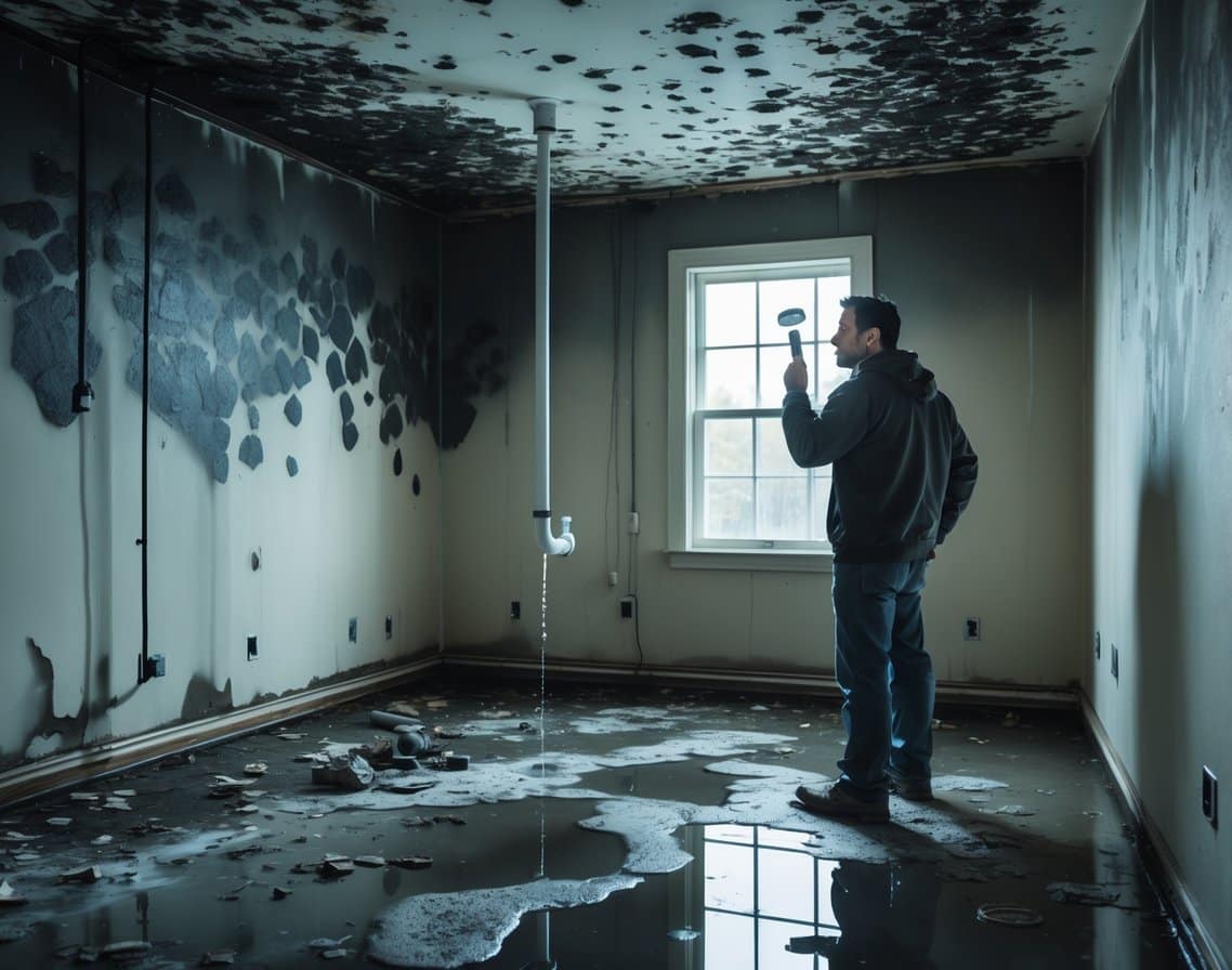 A worried homeowner inspects mold growing on water-damaged walls and ceiling in a dimly lit room with a leaking pipe.