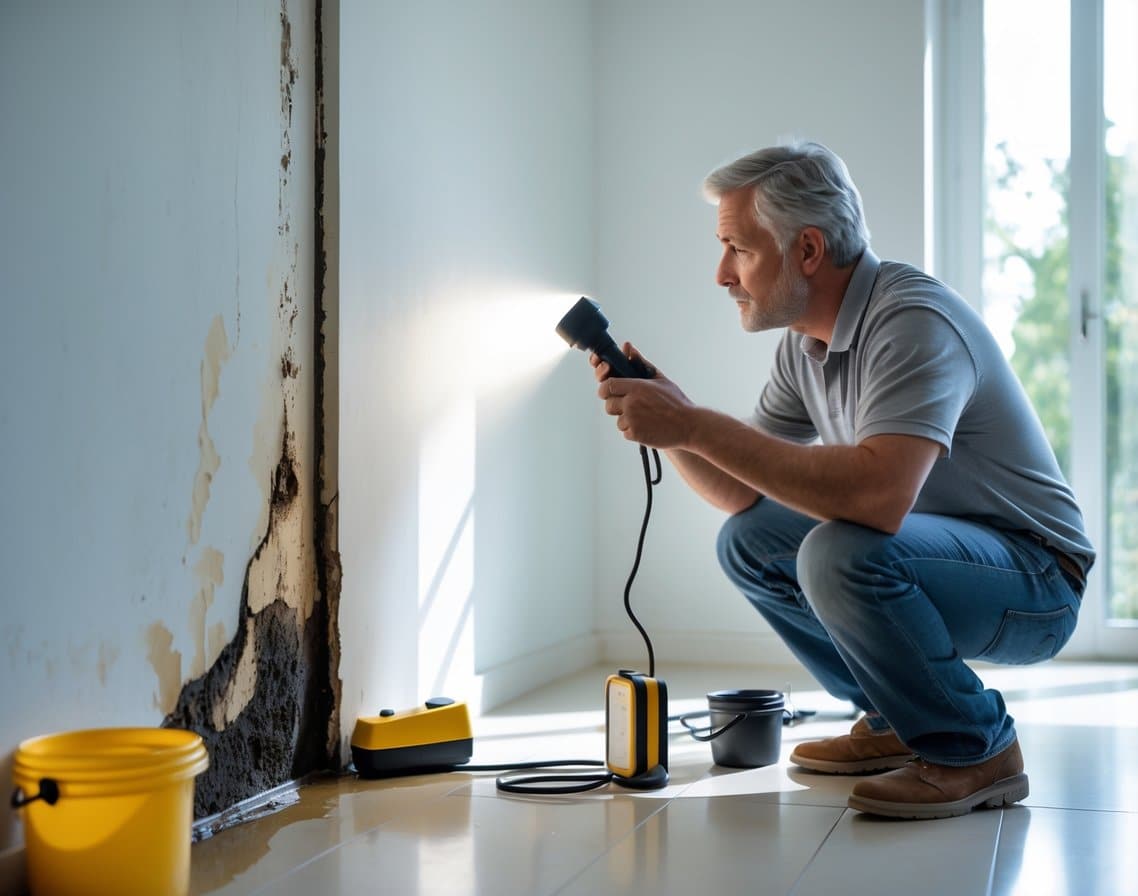 A person inspecting a water-damaged wall with visible mold growth in a living room using a flashlight and moisture meter.