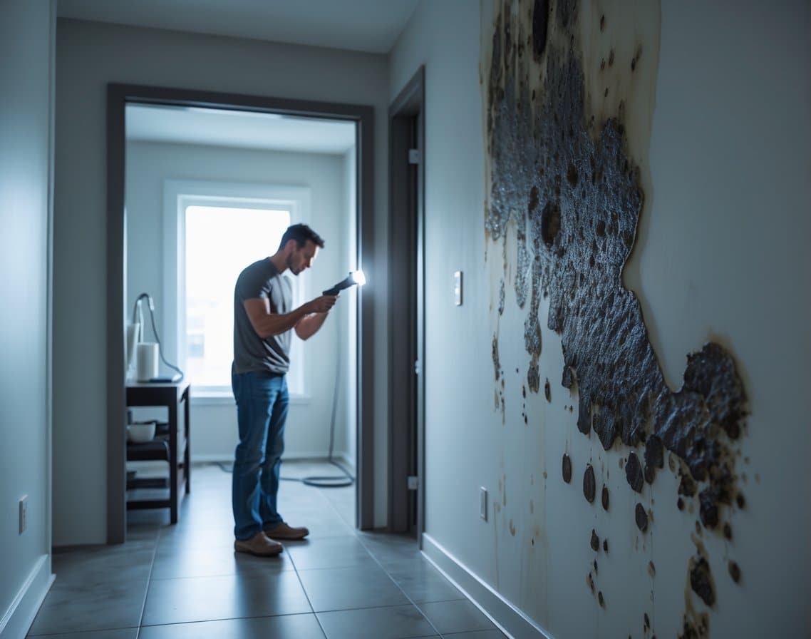 A homeowner inspecting mold on a damp wall inside a damaged house, showing signs of water damage and mold growth.