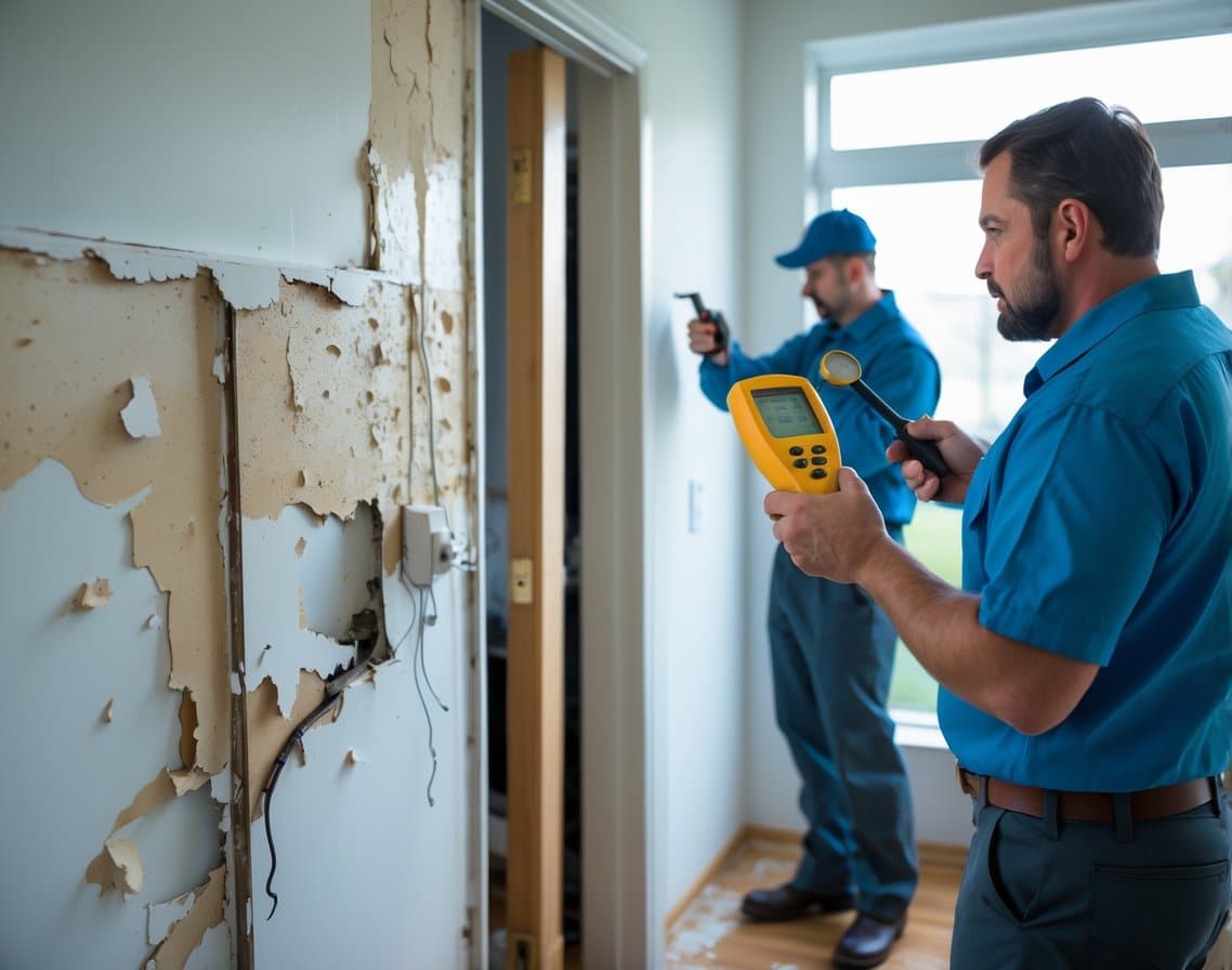 A homeowner and a technician inspecting water-damaged walls inside a house, using equipment to check for mold.