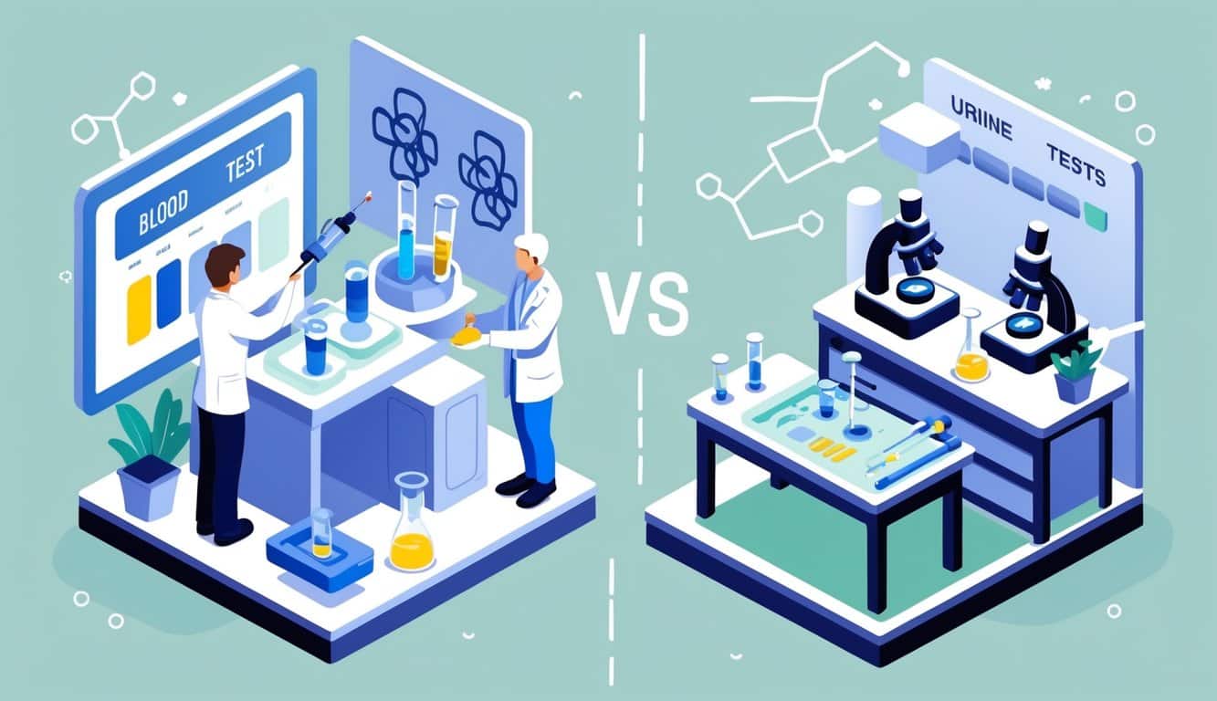 Two side-by-side scenes showing a blood test on the left with a syringe and blood vial, and a urine test on the right with a urine sample container and lab equipment, set in a laboratory.