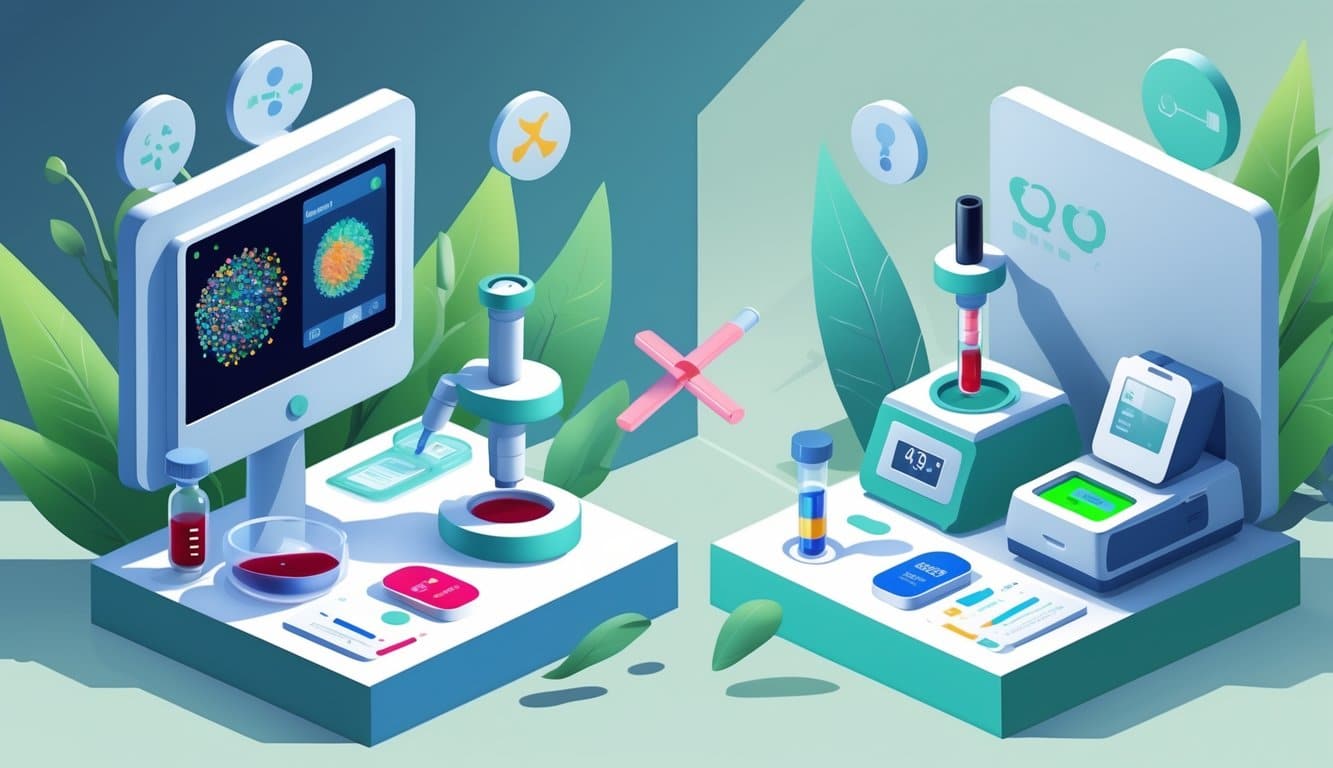A laboratory scene showing two workstations side by side, one with blood test equipment and the other with urine test equipment, connected by a balanced scale symbolizing a choice between the two testing methods.
