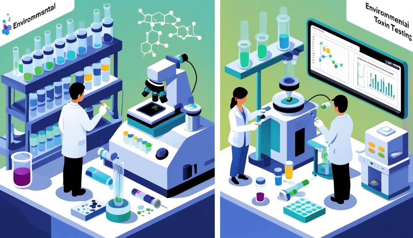 An illustration showing a medical lab with a patient giving blood on one side and a urine sample on the other, with lab equipment and technicians analyzing samples.