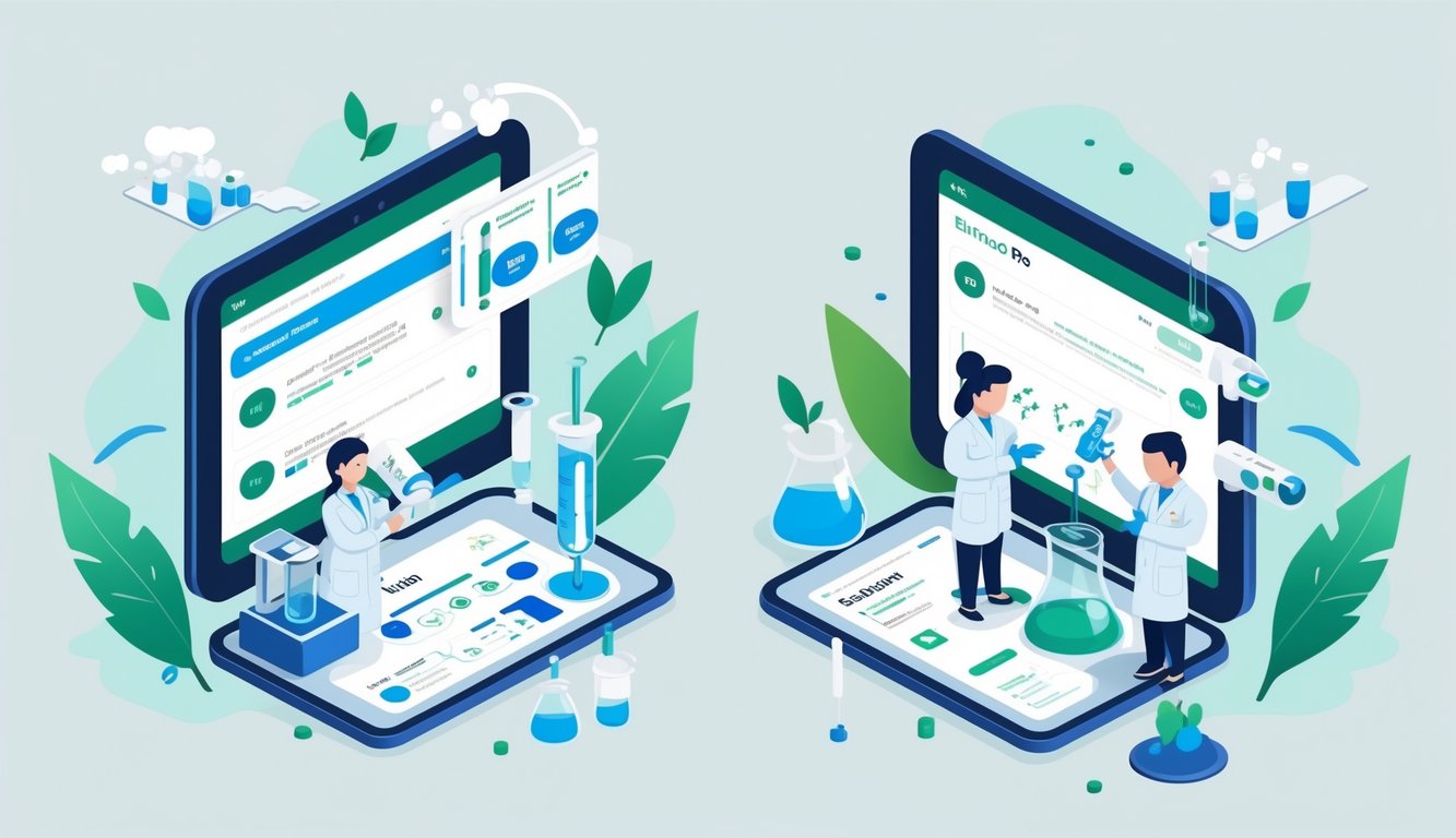 A split scene showing two lab technicians handling blood and urine samples for environmental toxin testing in a modern laboratory.