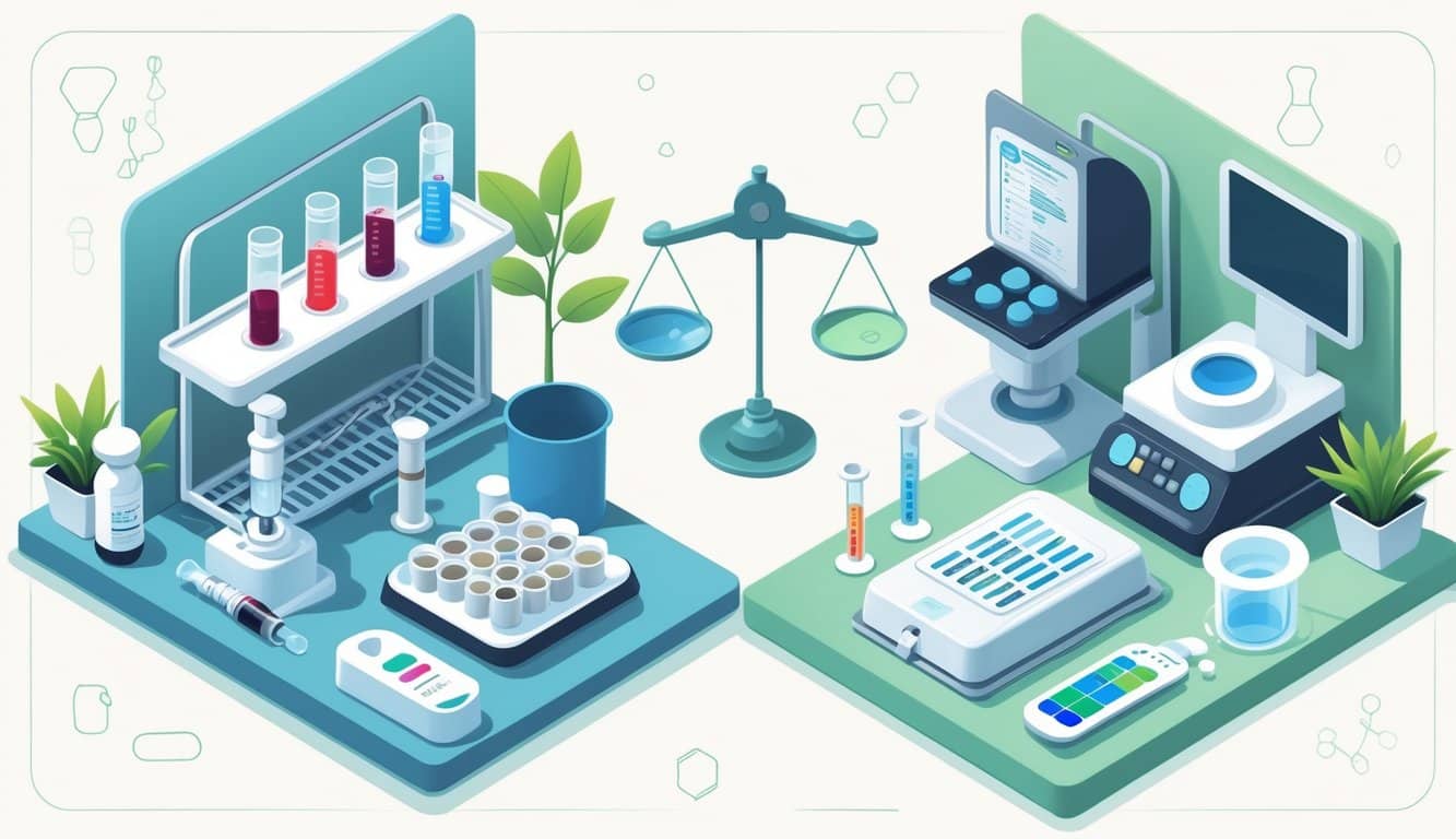 An isometric illustration showing a blood test setup with vials and microscope on one side and a urine test setup with sample cup and analyzer on the other, highlighting a comparison between the two methods.