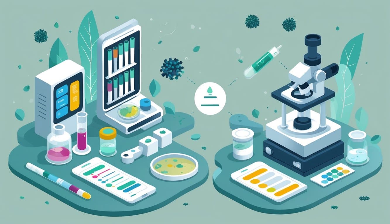 An illustration showing a blood test setup on one side and a urine test setup on the other, with a balanced scale between them and mold spores and environmental toxin elements around.