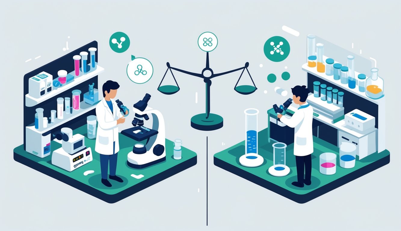 A laboratory scene showing two technicians each handling a blood sample and a urine sample with testing equipment, connected by a balanced scale symbolizing a choice.
