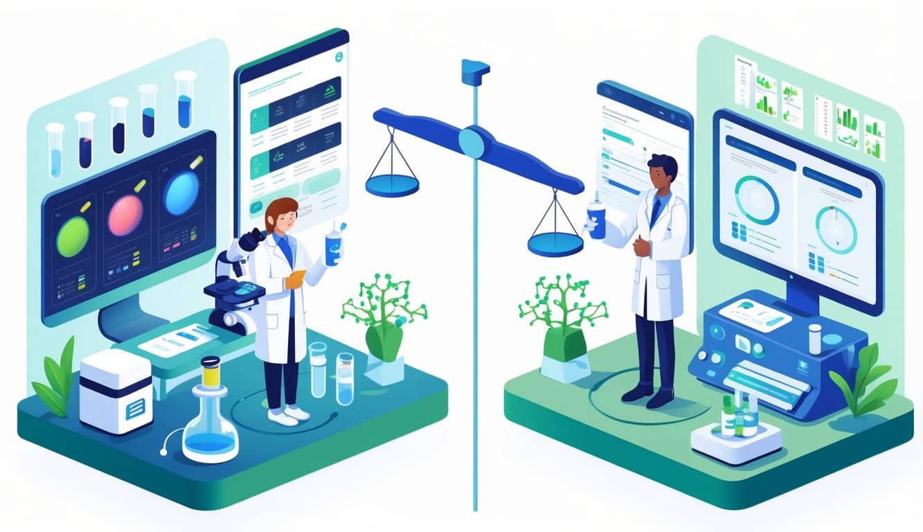 A laboratory scene showing two medical technicians comparing blood and urine test setups with lab equipment and analysis screens, highlighting the choice between the two tests.