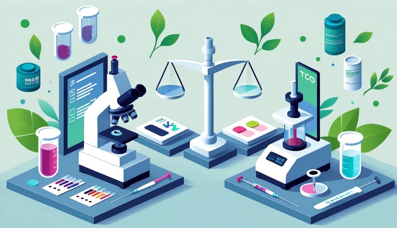 Two laboratory workstations side by side, one with blood test equipment and the other with urine test equipment, connected by a balanced scale, surrounded by icons representing environmental toxins.
