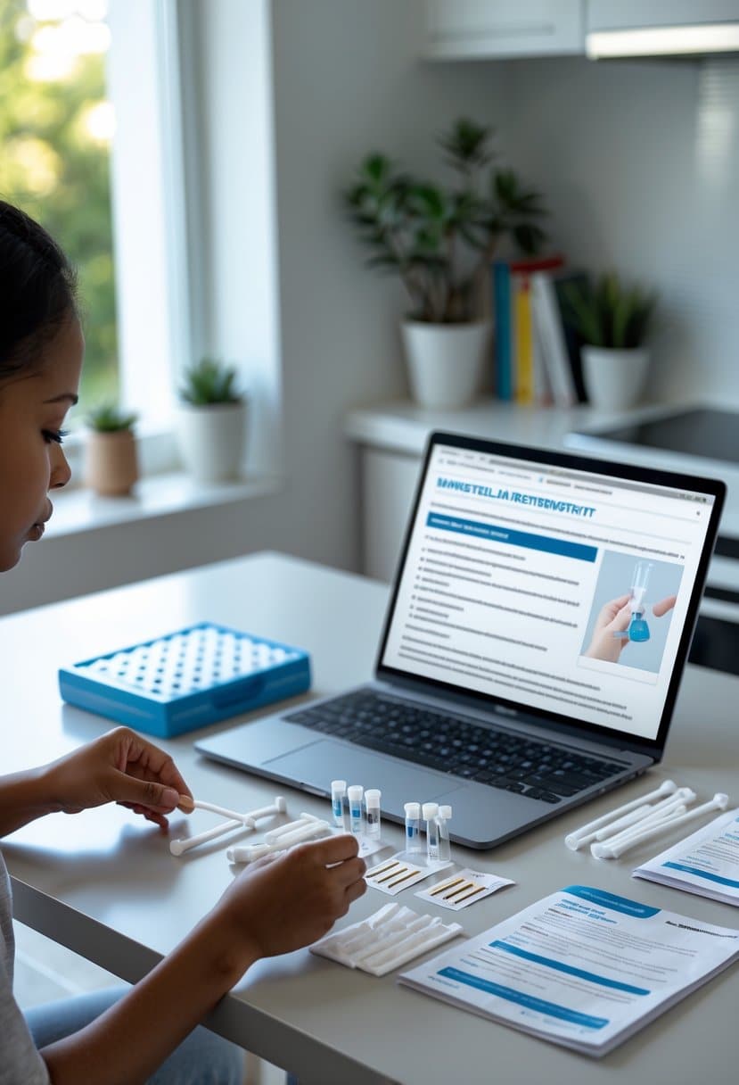 Person using a home toxin testing kit on a table in a bright, tidy home environment with a laptop nearby.