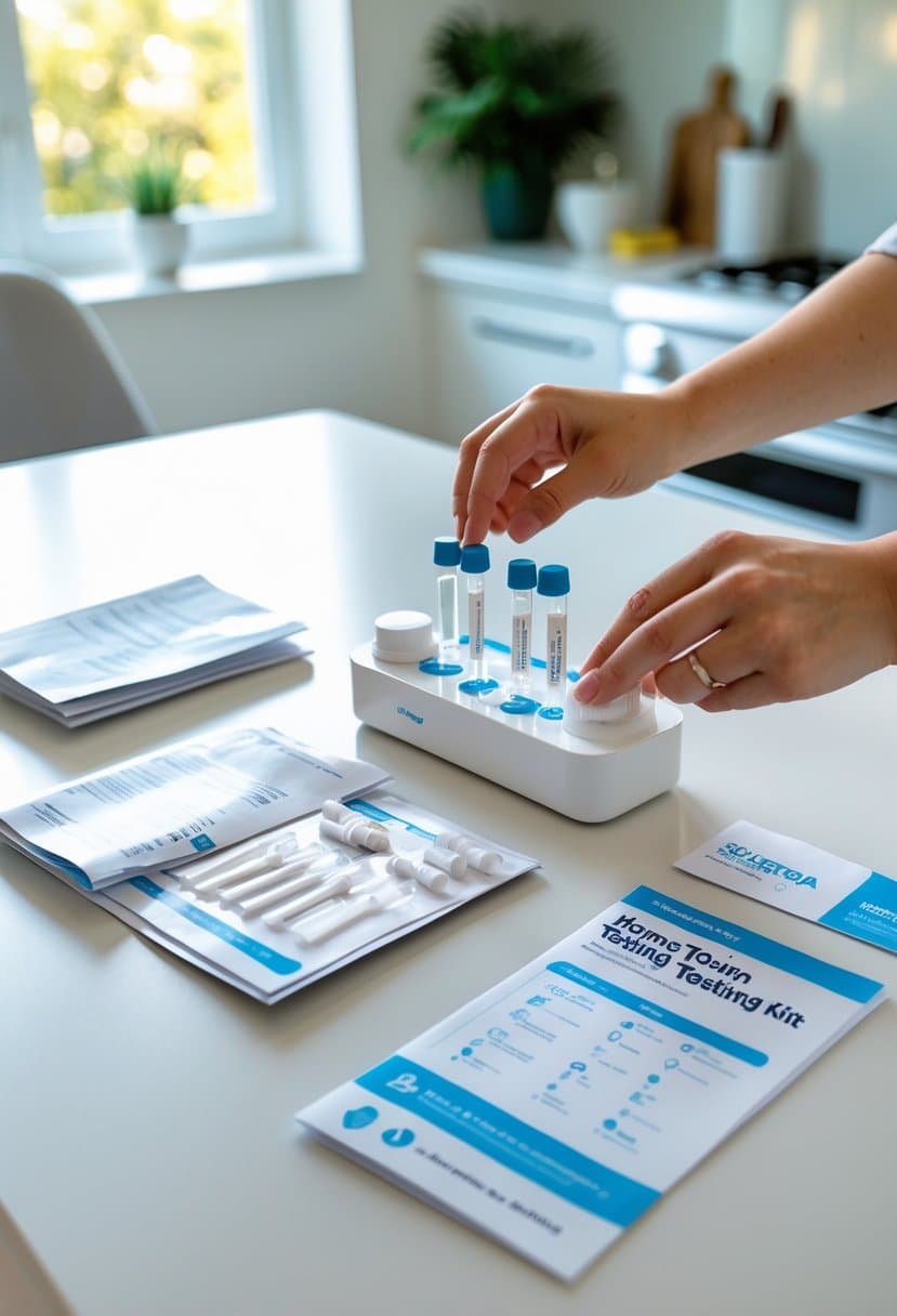 A person using a home toxin testing kit on a table in a bright, clean room.
