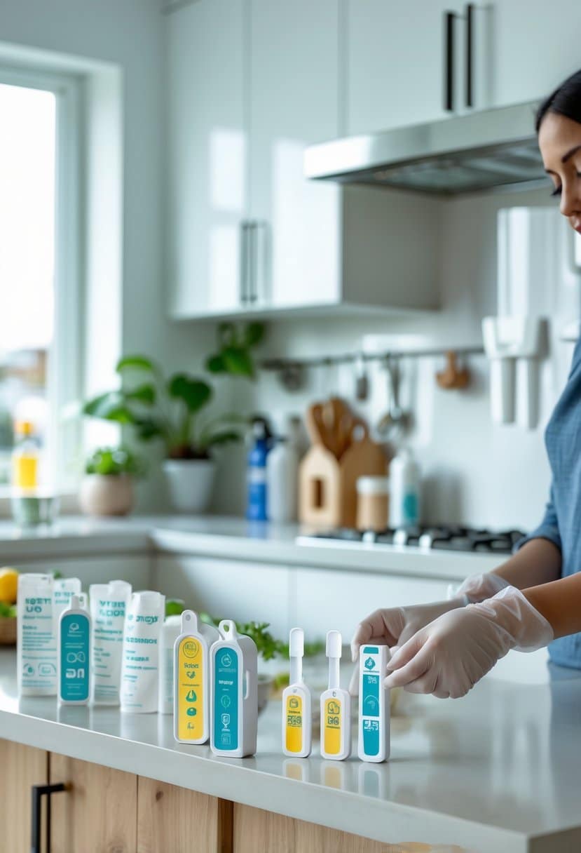 A person wearing gloves using home toxin testing kits on a kitchen countertop surrounded by household items.