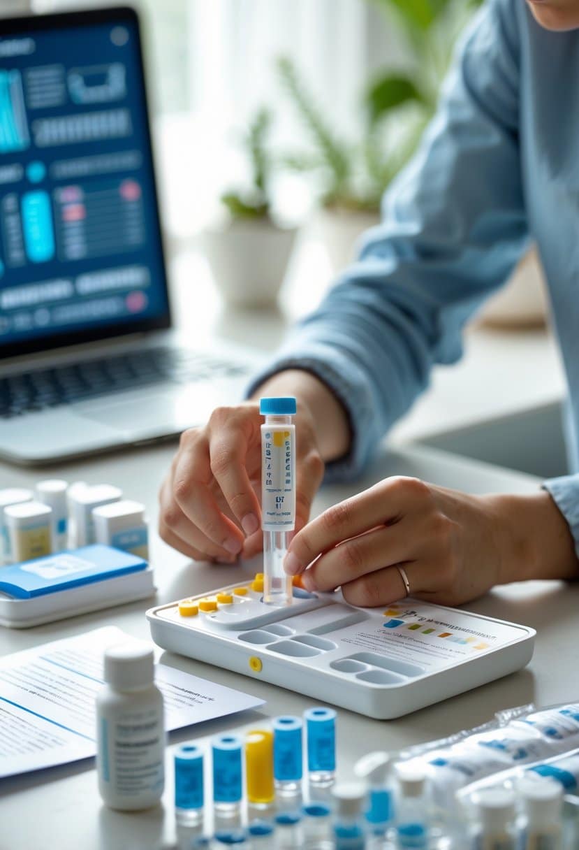 A person using a home toxin testing kit on a table in a bright, tidy room with testing materials and a laptop nearby.