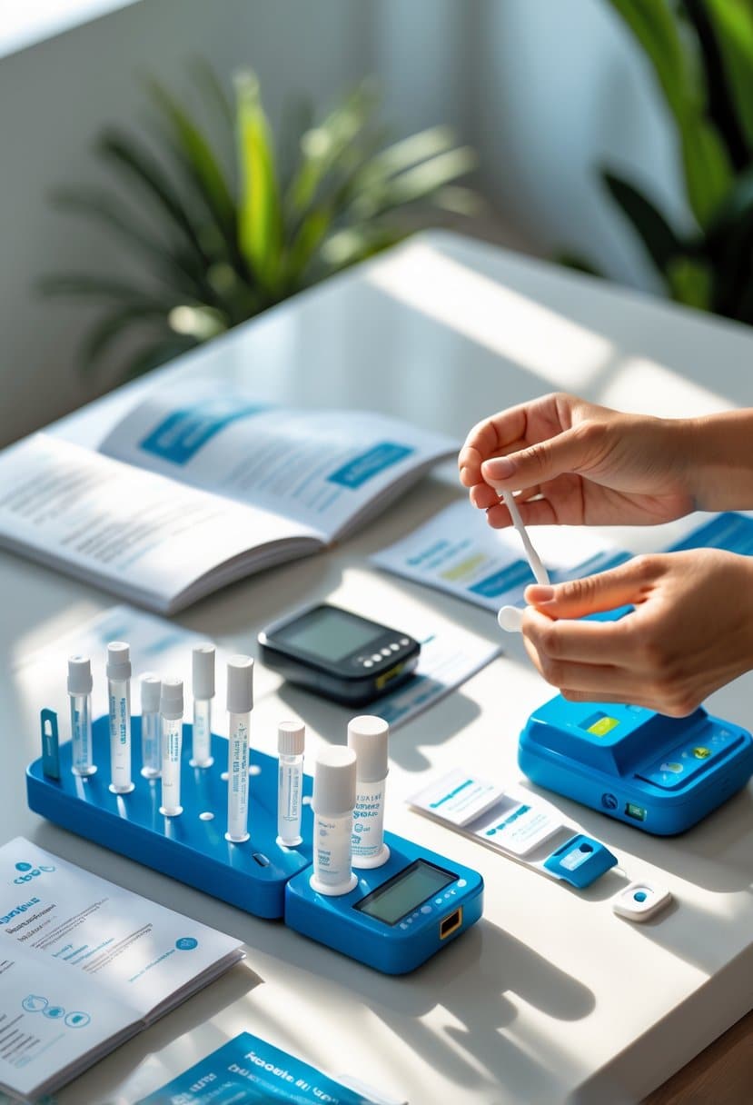 Hands using a home toxin testing kit on a clean table with testing tools and devices arranged nearby in a well-lit room.