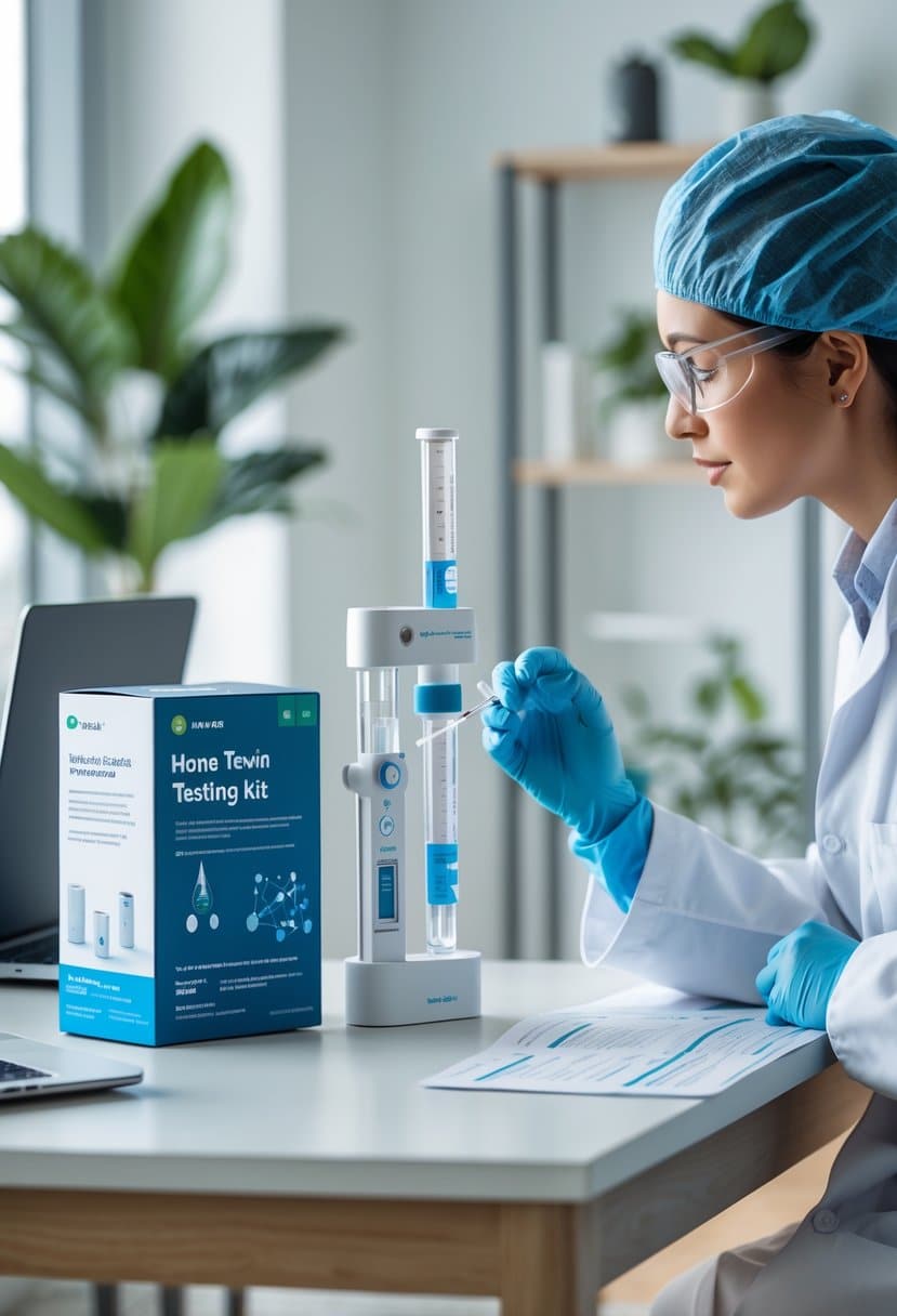A person at a table comparing a home toxin testing kit with a professional technician holding testing equipment in a clean home setting.