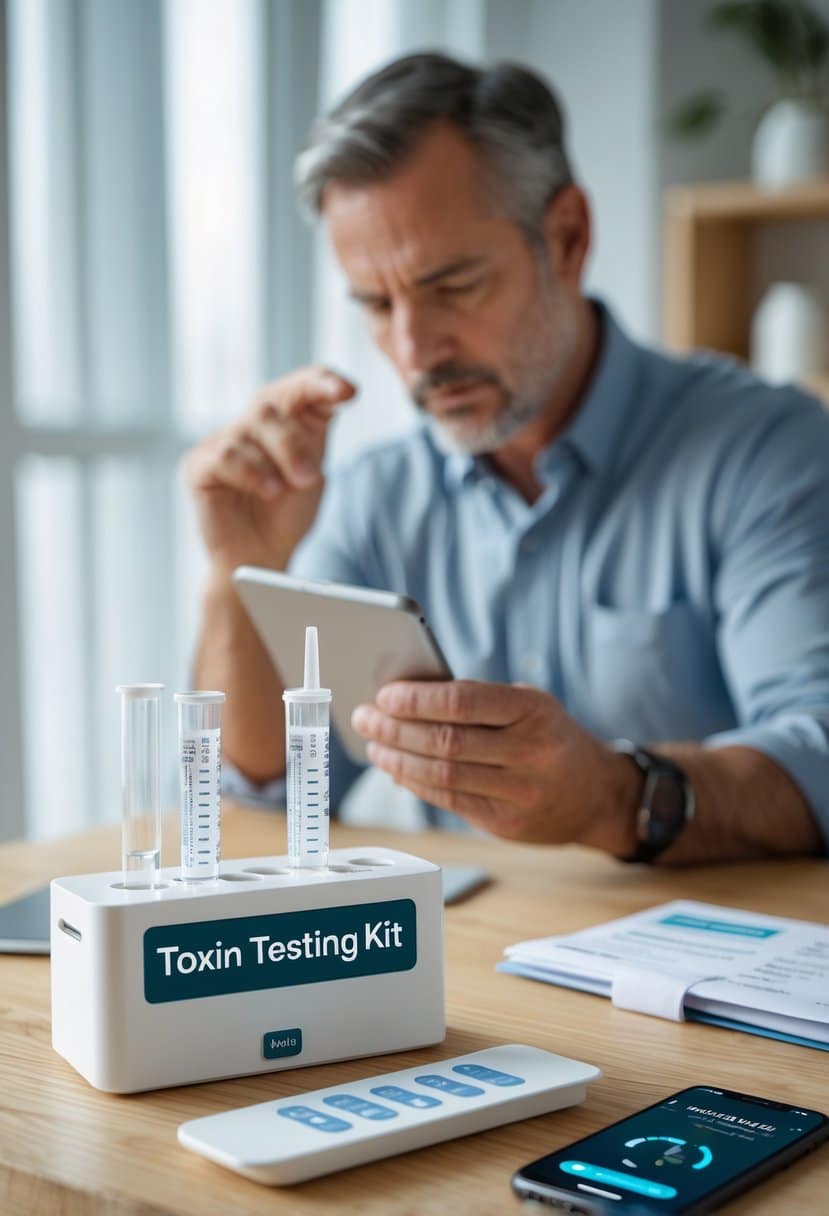 A person examining a home toxin testing kit with test tubes and a digital device on a table in a clean home setting.