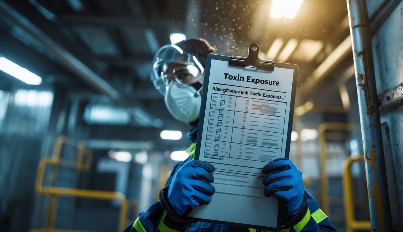 A worker in safety gear holds a clipboard with test results in an industrial facility, showing concern about dangerous toxin exposure.