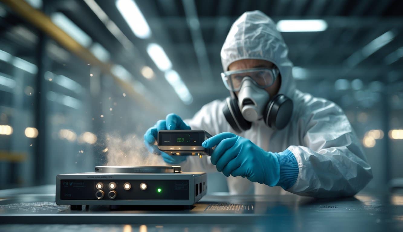 A laboratory technician wearing protective gear examines a gas detection device in a workplace lab, surrounded by industrial equipment and subtle dust particles.