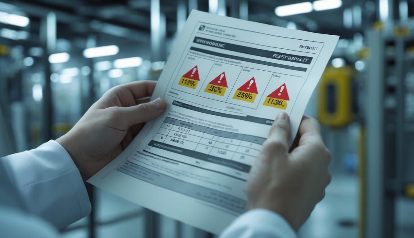 A close-up of a lab technician holding a test report showing dangerous toxin levels, with blurred industrial equipment in the background.