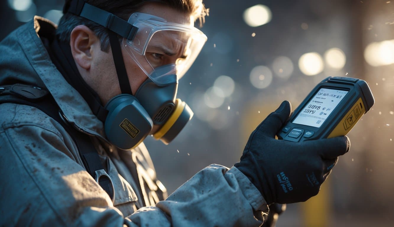 A safety officer in protective gear examines a handheld toxin detector showing dangerous readings inside an industrial workplace.