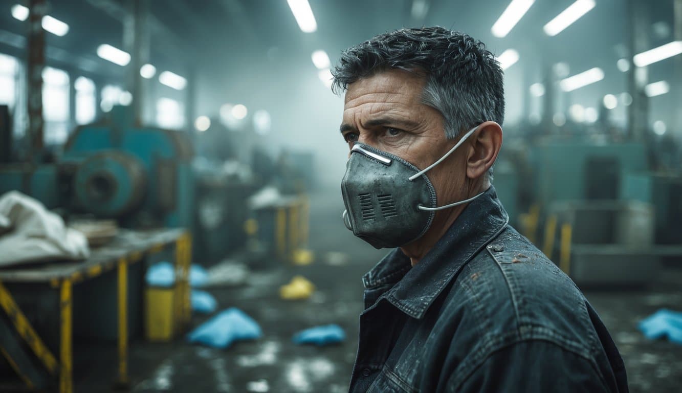 A concerned worker wearing a protective mask stands in a dusty, worn industrial workspace with old machinery and scattered safety gear.