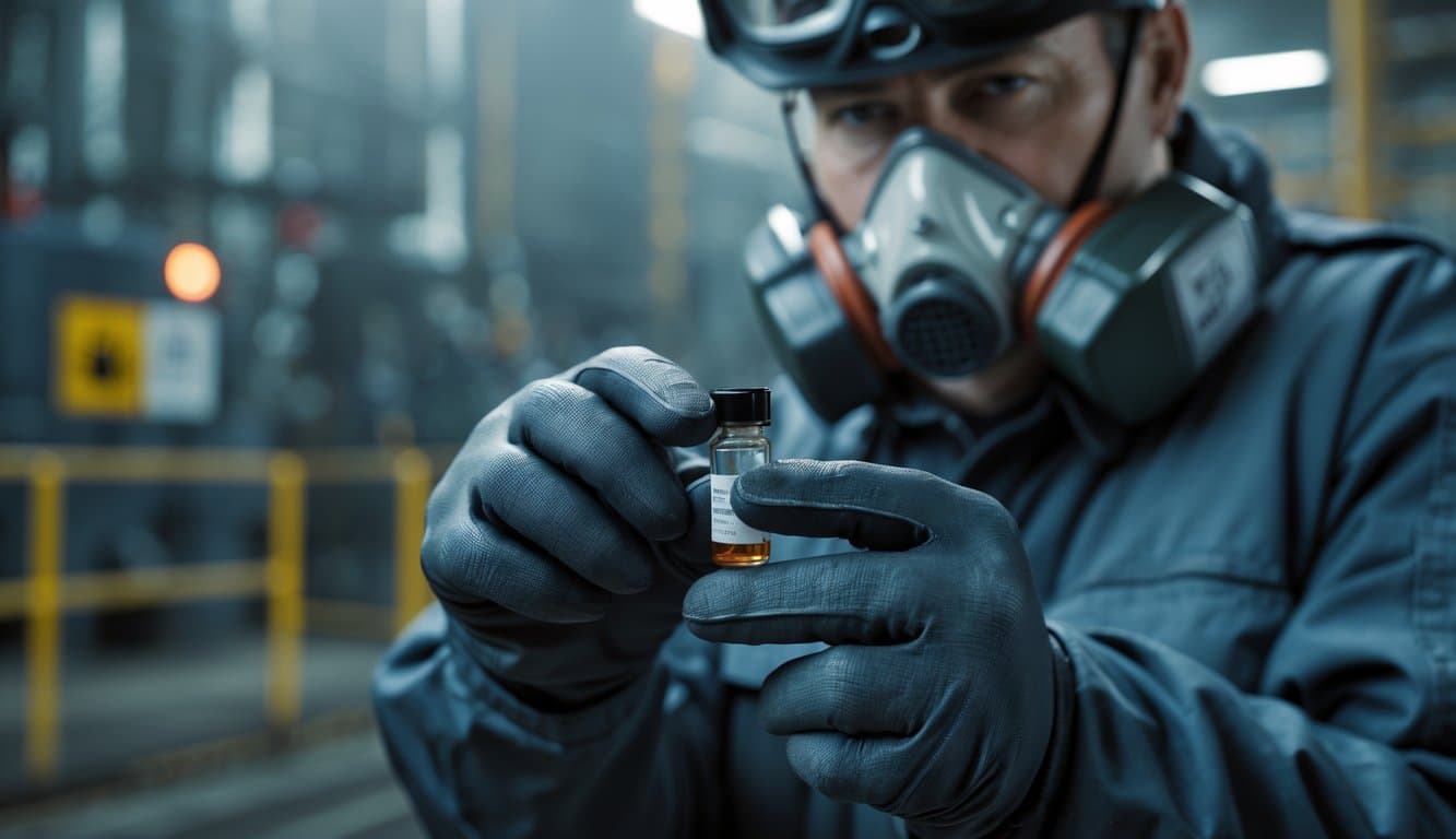 A safety officer wearing protective gear carefully examines a vial of toxic substance inside an industrial facility.